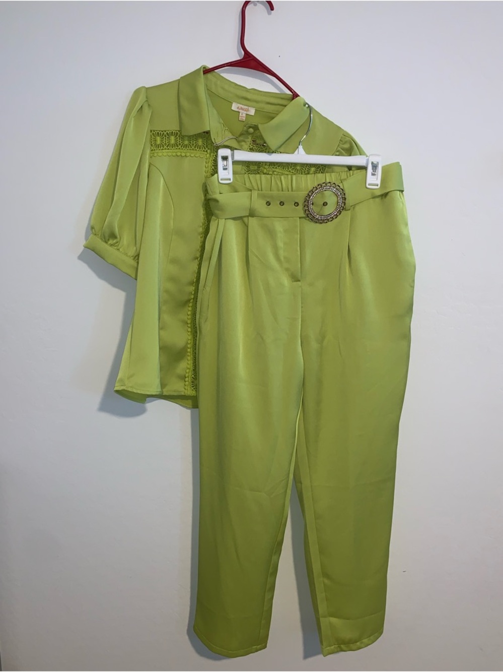 Women's Lime Green Three-Piece Pant Set with Belt - Picture 3 of 13